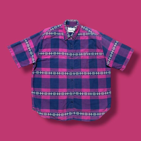 Vintage 80s Button Up Shirt Plaid Check Geometric Striped Cotton Womens 20W - Picture 1 of 7